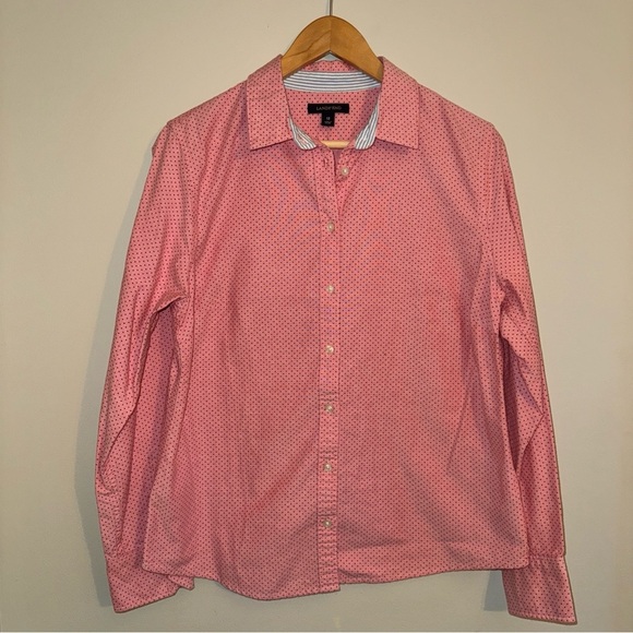 Lands End Women’s Long Sleeve Button Up Shirt Pink with Black Dots Petite 12P - Picture 1 of 7